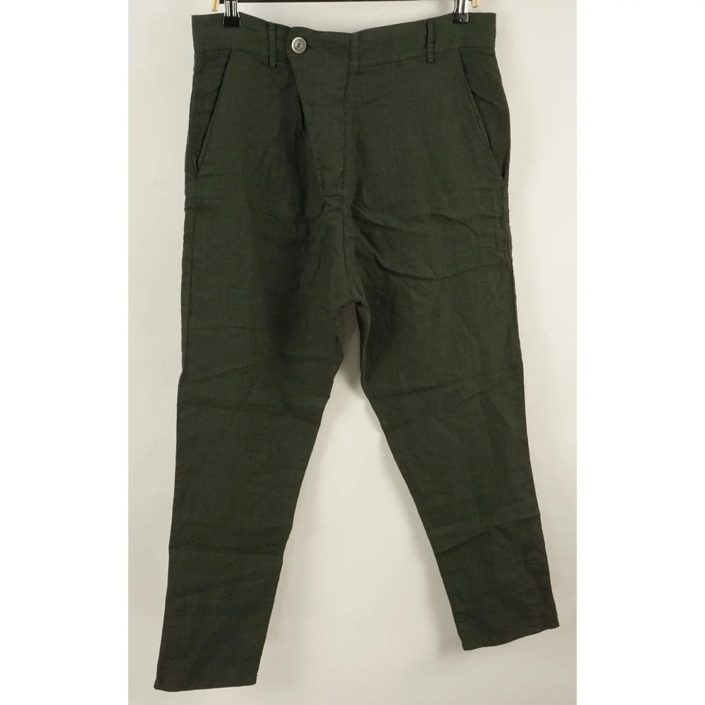 $400 Lucques Italian Boutique Linen Crop Green Button Fly Trouser Men US 32 x 28